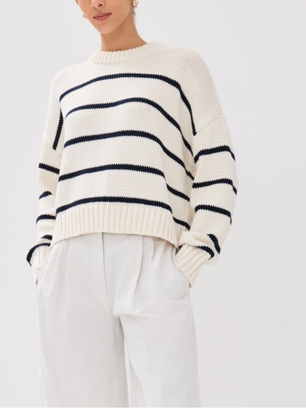 JENNI KAYNE Chloe Navy Striped Crewneck Cropped Cream Sweater 100% Cotton XXS